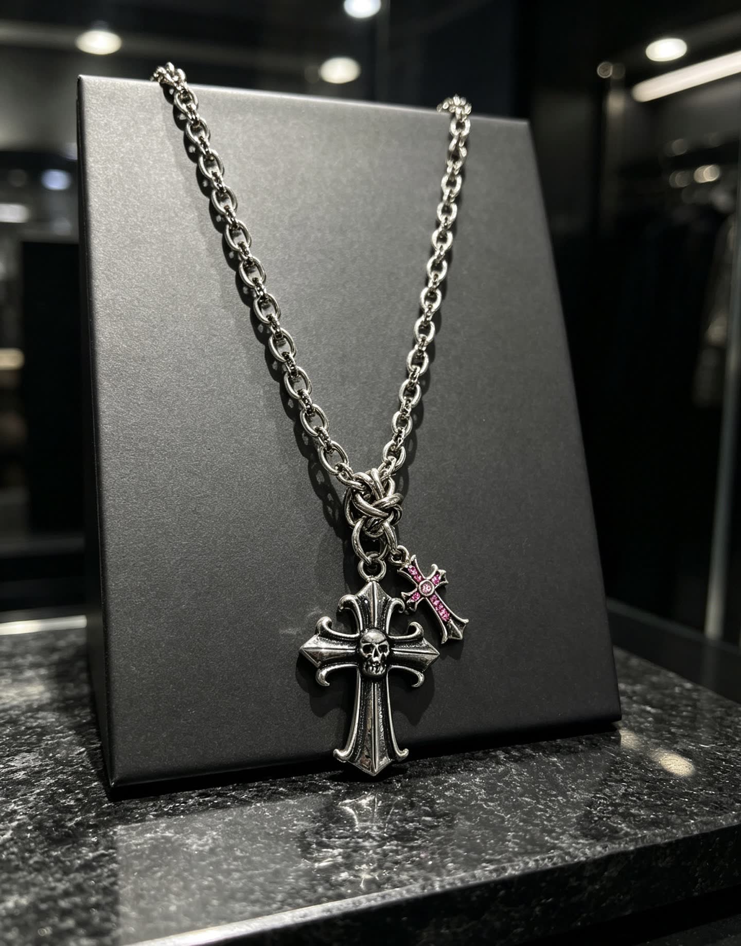 Chrome Hearts Silver Cross Pendant Necklace with Pink Crystal Accents
